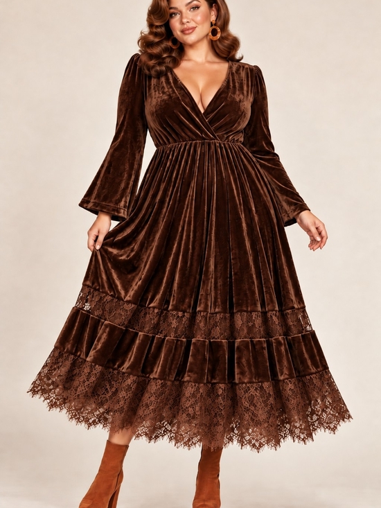 Modcloth Dresses & Skirts - MODCLOTH VELVET V-NECK LACE MIDI DRESS SZ 1X
